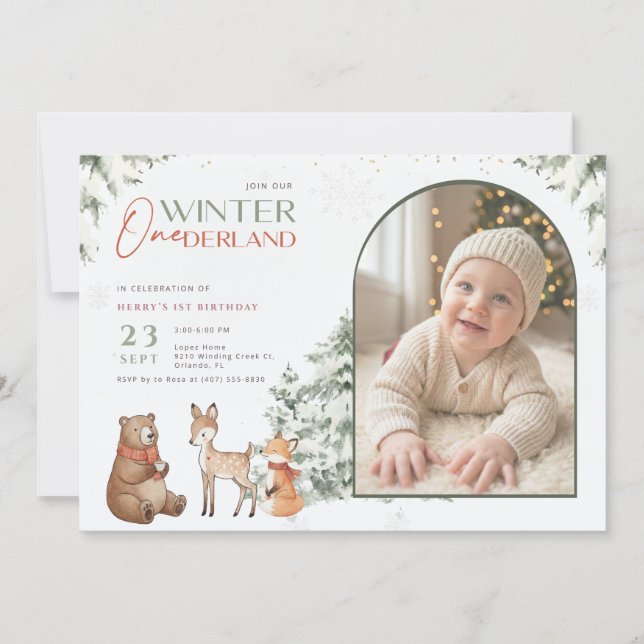 Winter Onederland Arch Photo Baby First Birthday Inbjudningar (Framsida)