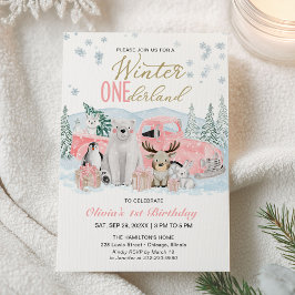 Winter Onederland Arctic Animal Girl 1st Birthday Inbjudningar