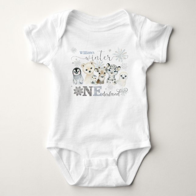Winter Onederland Arctic Animals Blue 1st Birthday T Shirt (Framsida)