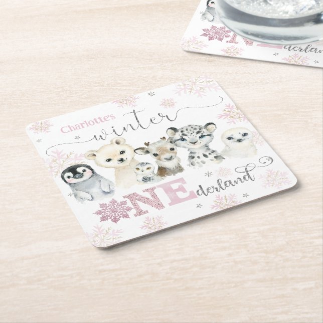 Winter Onederland Arctic Animals Snow 1st Birthday Underlägg Papper Kvadrat (Vinklad)