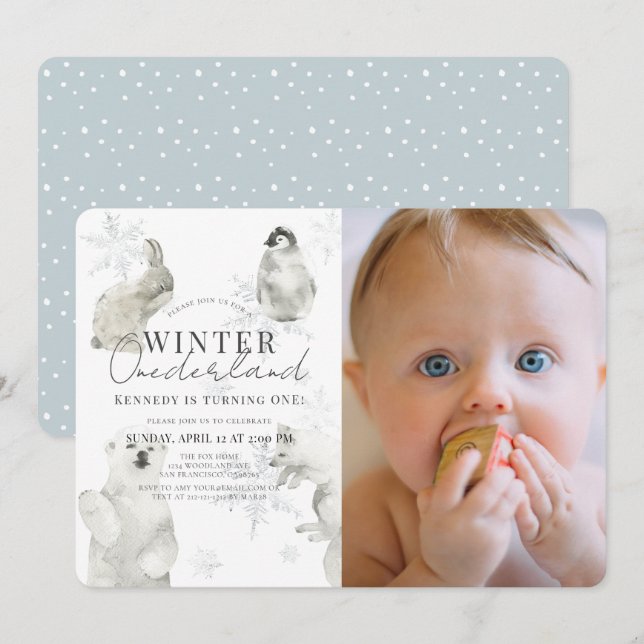 Winter Onederland Arktiska djur Boy 1st Birthday Inbjudningar (Fram/baksida)