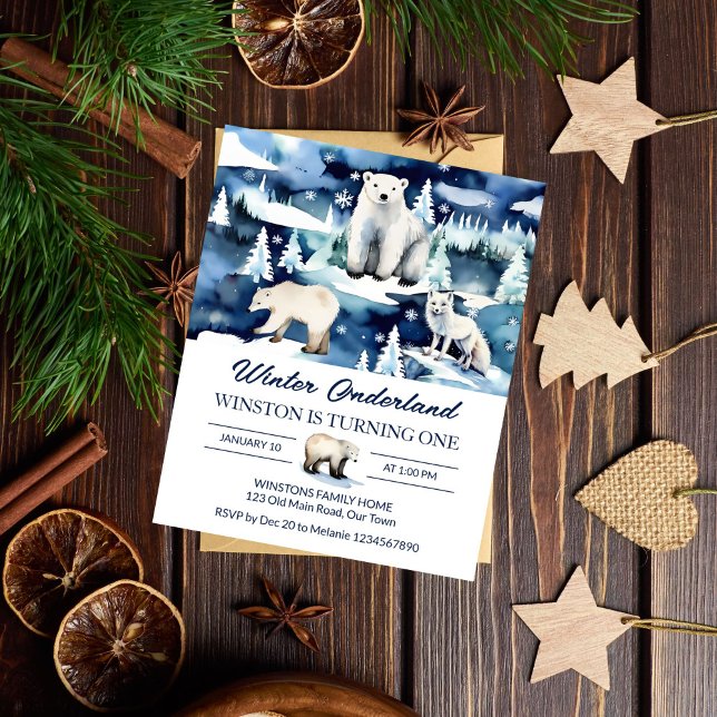 Winter onederland arktiska djur födelsedag inbjuda (Winter onederland arctic animals birthday party budget  invitation white and blue affordable invite)