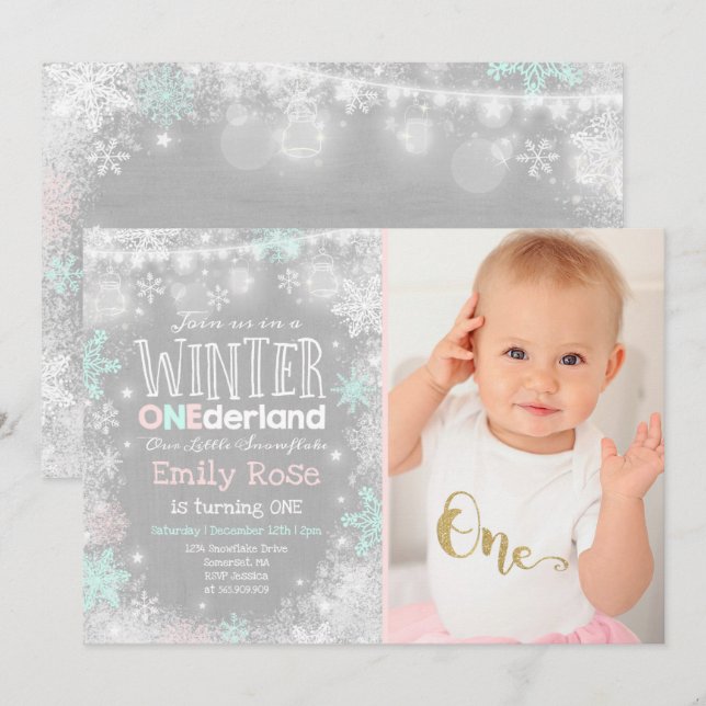 Winter ONEderland Birthday Bjud Mint Rosa Mint Inbjudningar (Fram/baksida)