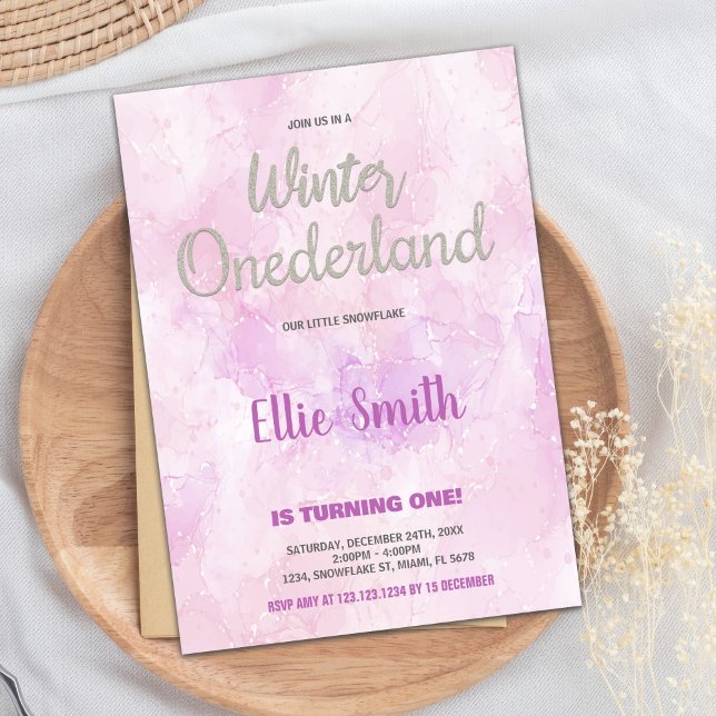 Winter ONEderland Birthday Bjud Rosa Art Inbjudningar (Winter ONEderland Birthday Invitations Pink Art)