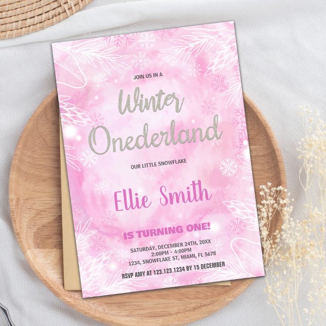 Winter ONEderland Birthday Bjud Rosa Glitte Inbjudningar (Winter ONEderland Birthday Invitations Pink Glitte)