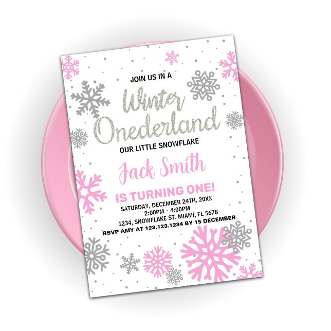 Winter Onederland Birthday Bjud White Rosa White Inbjudningar (Winter Onederland Birthday Invitations Pink White)
