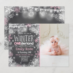 Winter ONEderland Birthday bjudande Rosa White Inbjudningar