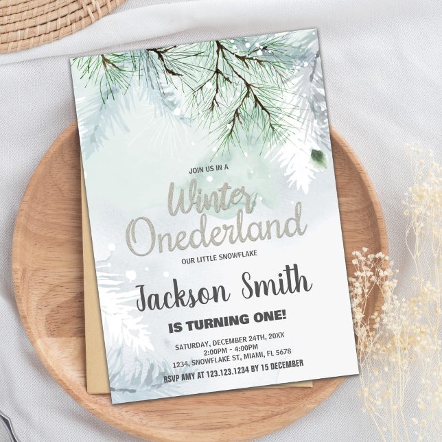 Winter ONEderland Birthday Bjuder Grönten Gräs Inbjudningar (Winter ONEderland Birthday Invitations Pine Green)