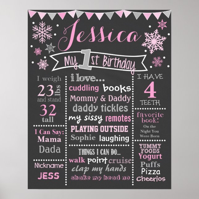 Winter Onederland Birthday Chalkboard - Girl Poster (Framsidan)