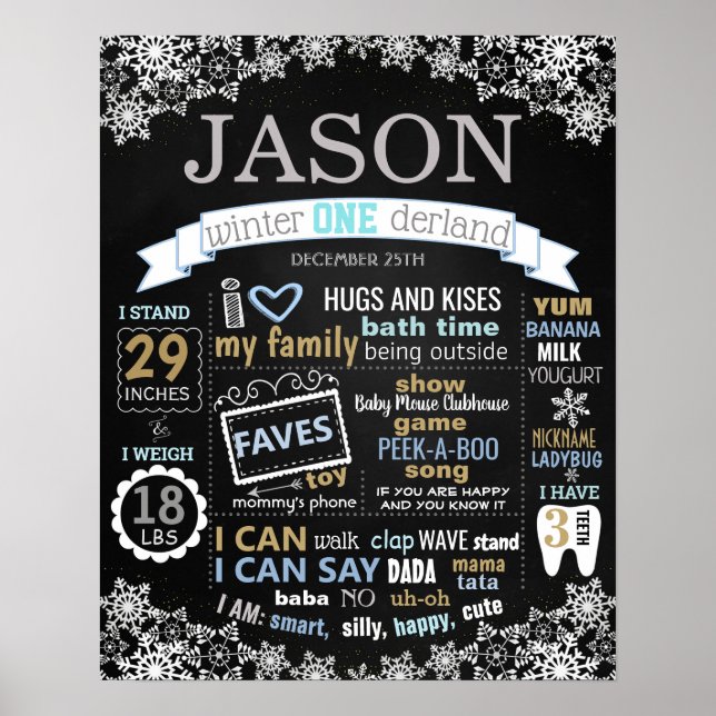 Winter Onederland Birthday chalkboard-pojke Poster (Framsidan)