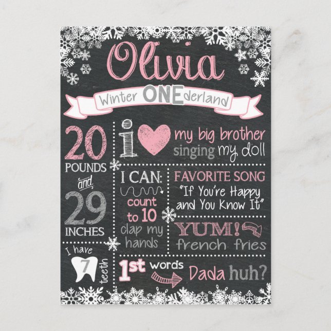 Winter ONEderland Birthday Chalkboard-tecken Vykort (Framsida)