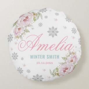 Winter ONEderland Birthday Flicka 1:a födelsedag Rund Kudde