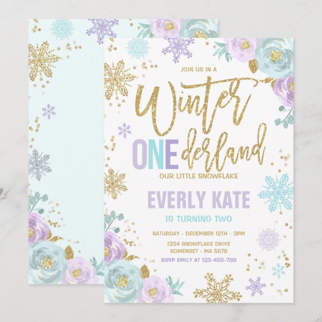 Winter ONEderland Birthday Guld Lila Snowflake Inbjudningar (Fram/baksida)