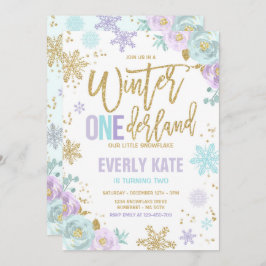 Winter ONEderland Birthday Guld Lila Snowflake Inbjudningar