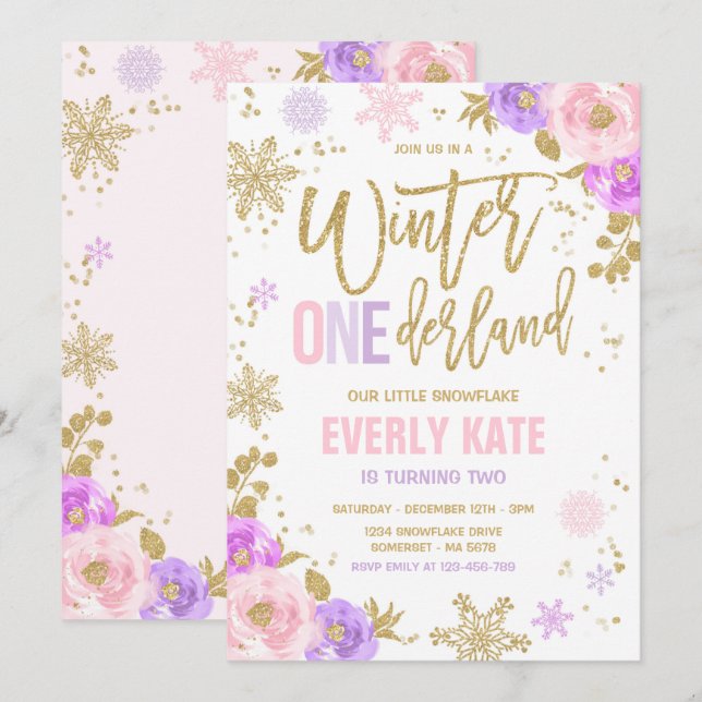 Winter ONEderland Birthday Guld Rosa Snowflake Inbjudningar (Fram/baksida)