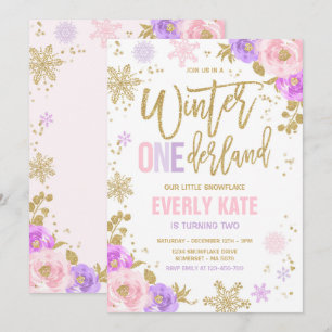 Winter ONEderland Birthday Guld Rosa Snowflake Inbjudningar