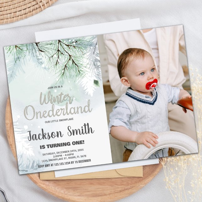 Winter ONEderland Birthday-inbjudan Gräs Photo Inbjudningar (Winter ONEderland Birthday Invitations Pine Photo)