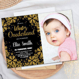 Winter ONEderland Birthday-inbjudan Guld Photo Inbjudningar
