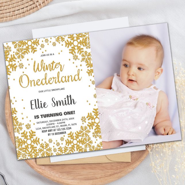 Winter ONEderland Birthday-inbjudan Guld Photo Inbjudningar (Winter ONEderland Birthday Invitations Gold Photo)