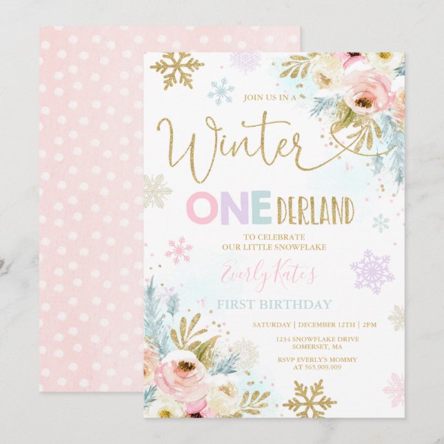 Winter ONEderland Birthday-inbjudan Guld Rosa Inbjudningar (Fram/baksida)