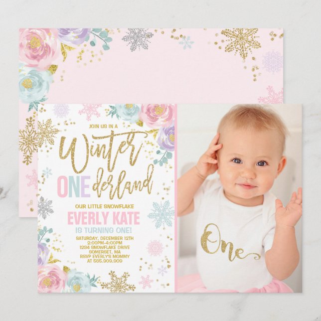 Winter ONEderland Birthday-inbjudan Rosa Guld Inbjudningar (Fram/baksida)