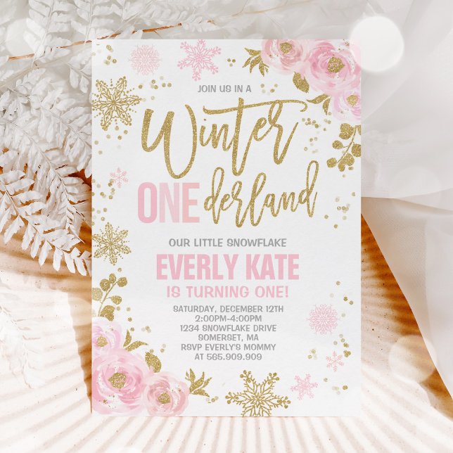 Winter ONEderland Birthday-inbjudan Rosa Guld Inbjudningar (Skapare uppladdad)