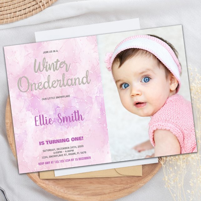 Winter ONEderland Birthday-inbjudan Rosa Photo Inbjudningar (Winter ONEderland Birthday Invitations Pink Photo)