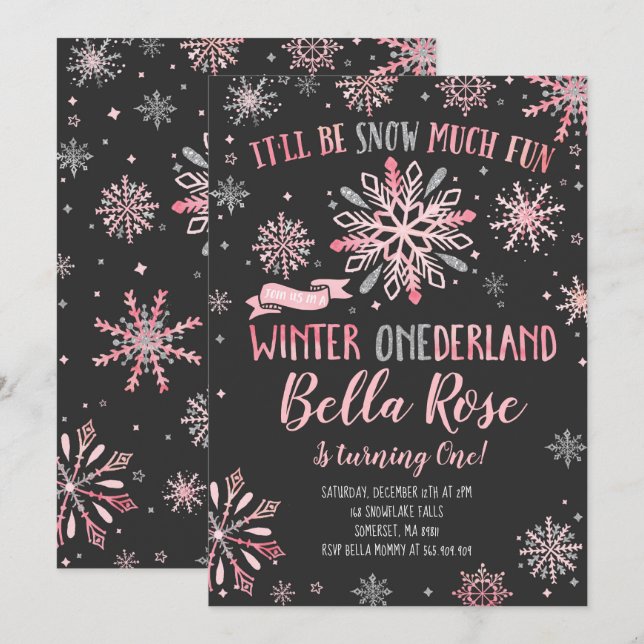 Winter ONEderland Birthday Inbjudan Rosa Silver (Fram/baksida)