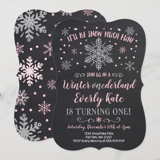 Winter ONEderland Birthday Inbjudan Rosa Silver (Fram/baksida)