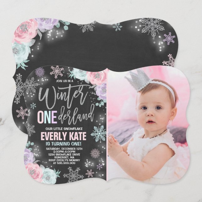 Winter ONEderland Birthday-inbjudan Rosa Silver Inbjudningar (Fram/baksida)