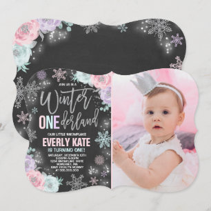 Winter ONEderland Birthday-inbjudan Rosa Silver Inbjudningar