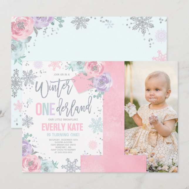 Winter ONEderland Birthday-inbjudan Rosa Silver Inbjudningar (Fram/baksida)
