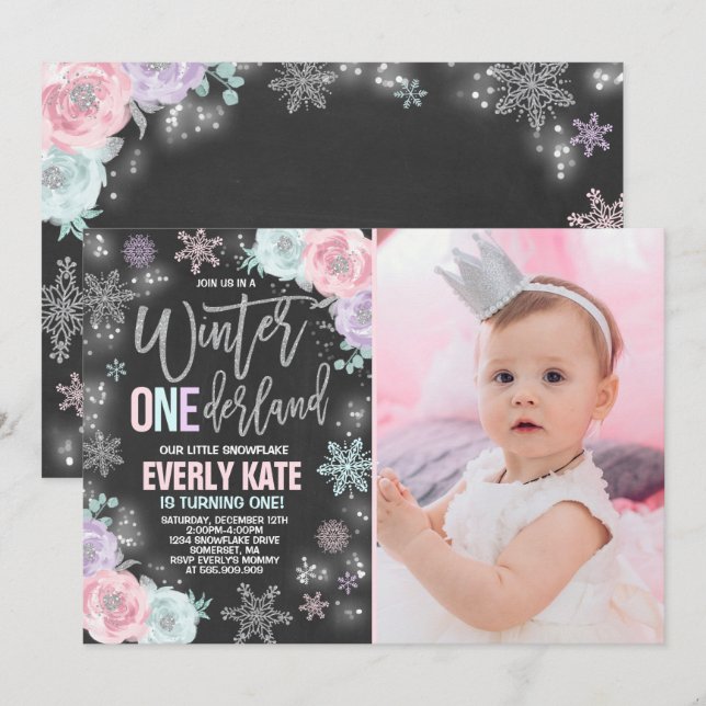 Winter ONEderland Birthday-inbjudan Rosa Silver Inbjudningar (Fram/baksida)