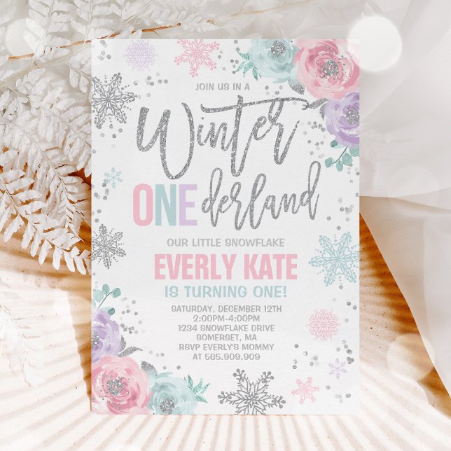 Winter ONEderland Birthday-inbjudan Rosa Silver Inbjudningar (Skapare uppladdad)