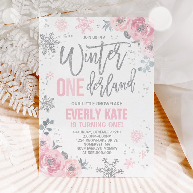 Winter ONEderland Birthday-inbjudan Rosa Silver Inbjudningar (Skapare uppladdad)