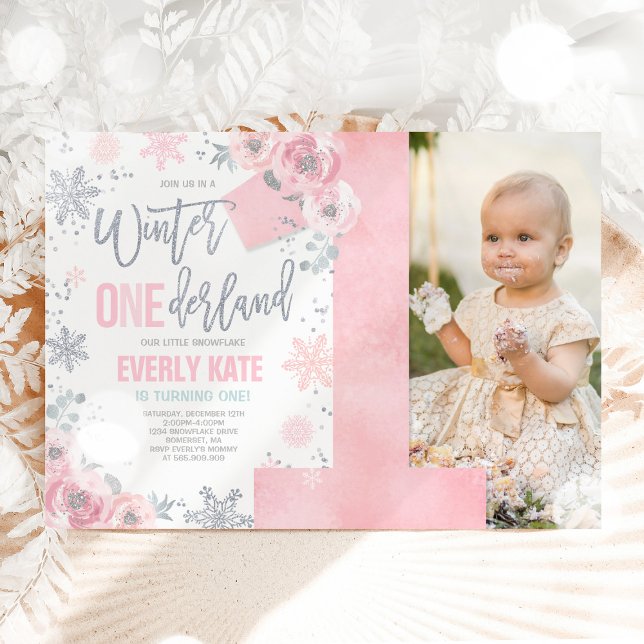 Winter ONEderland Birthday-inbjudan Rosa Silver Inbjudningar (Skapare uppladdad)
