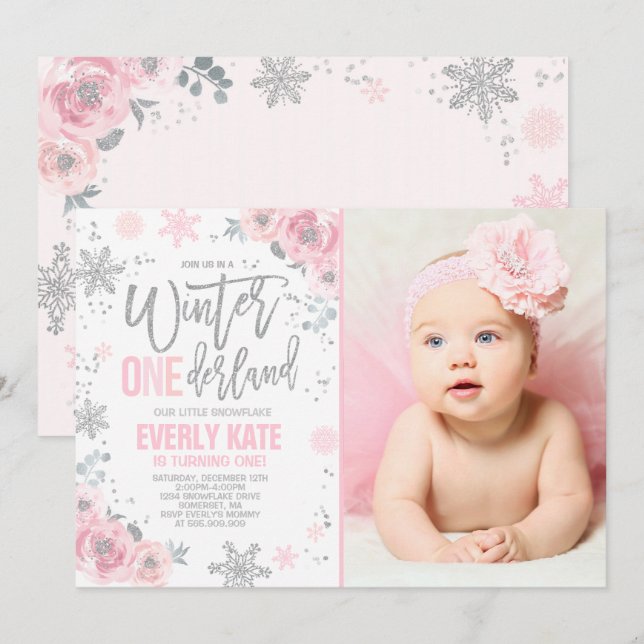 Winter ONEderland Birthday-inbjudan Rosa Silver Inbjudningar (Fram/baksida)