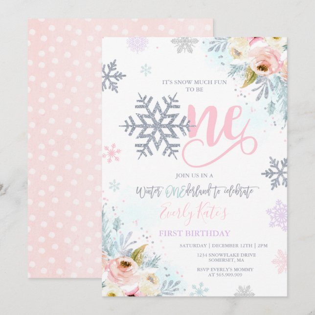Winter ONEderland Birthday Inbjudan Silver Rosa (Fram/baksida)