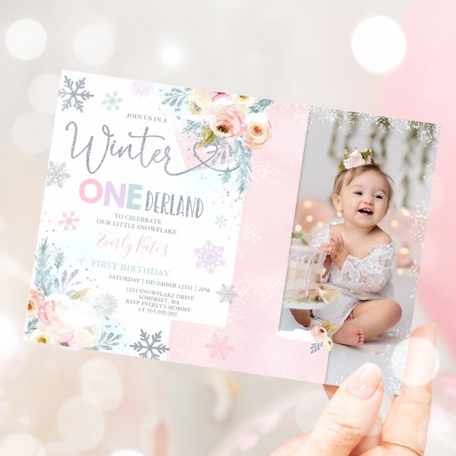 Winter ONEderland Birthday-inbjudan Silver Rosa Inbjudningar (Skapare uppladdad)