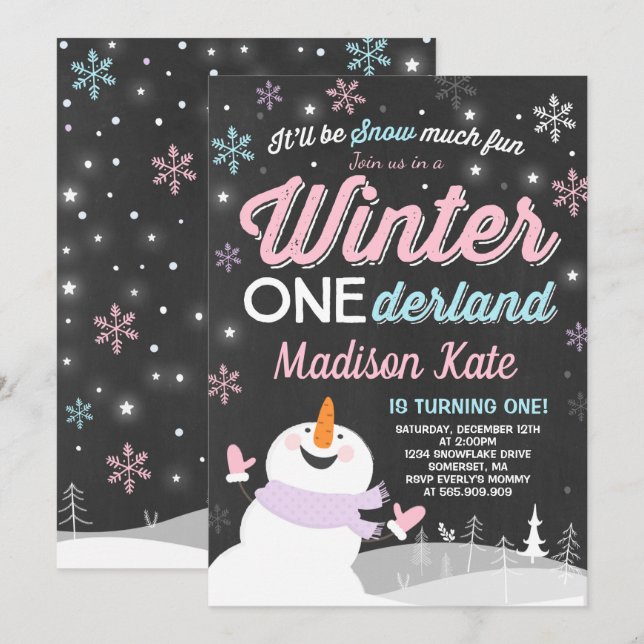 Winter ONEderland Birthday-inbjudan Snögubbe Rosa Inbjudningar (Fram/baksida)