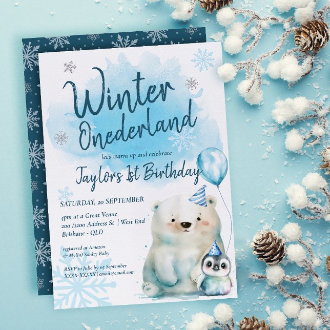 Winter Onederland Birthday Inbjudningar ( Get ready to turn up the coolness at our Winter Baby Shower with this captivating invitation! )