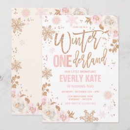 Winter ONEderland Birthday Ro Guld och Rosa Inbjudningar