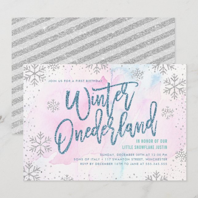 Winter ONEderland Birthday Silver Blue Glitter Inbjudningar (Fram/baksida)