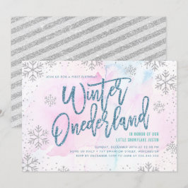 Winter ONEderland Birthday Silver Blue Glitter Inbjudningar