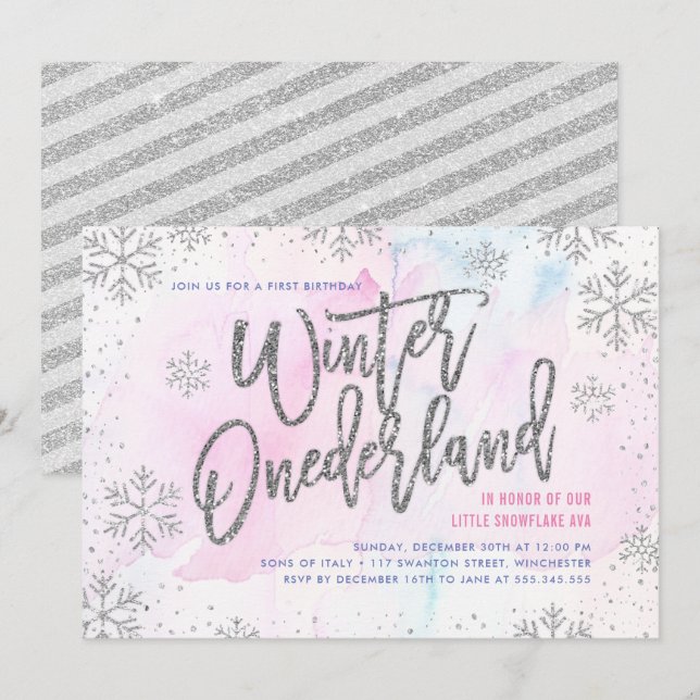 Winter ONEderland Birthday Silver Glitter Inbjudningar (Fram/baksida)