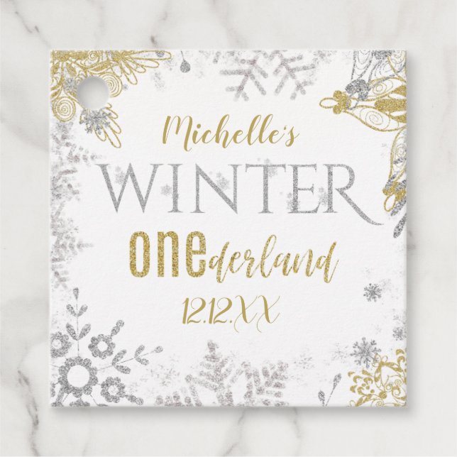 Winter Onederland Birthday Silver Guld Snowflake Gåvor Etiketter (Framsida)