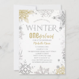 Winter Onederland Birthday Silver Guld Snowflake I Inbjudningar