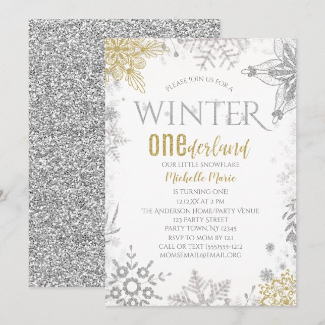 Winter Onederland Birthday Silver Guld Snowflake I Inbjudningar (Fram/baksida)