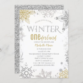 Winter Onederland Birthday Silver Guld Snowflake I Inbjudningar