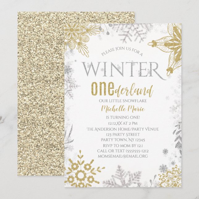 Winter Onederland Birthday Silver Guld Snowflake Inbjudningar (Fram/baksida)